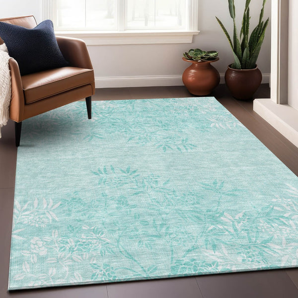 HomeRoots 10' X 14' Teal Floral Area Rug – Washable, UV Protected, Stain Resistant for Busy Family Spaces 655680