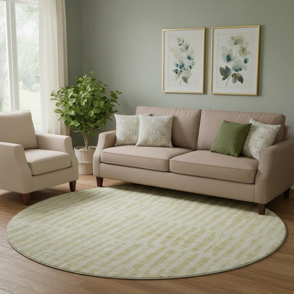 HomeRoots 8' Beige and Tan Striped Washable Round Rug - Durable, UV-Protected, Family-Friendly Style for Any Room 655683