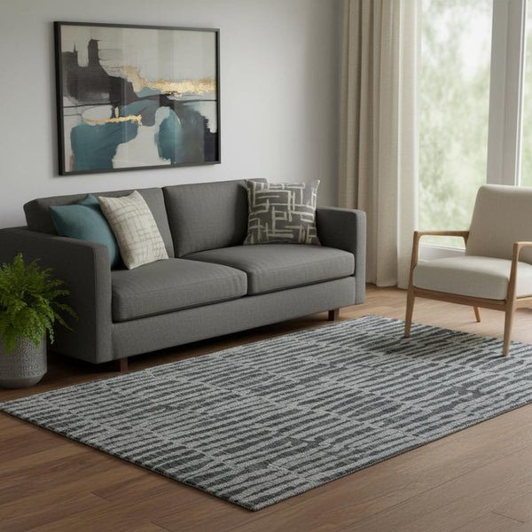 HomeRoots 5' Charcoal and Gray Striped Washable Area Rug - UV Protected, Durable for High-Traffic Spaces 655688