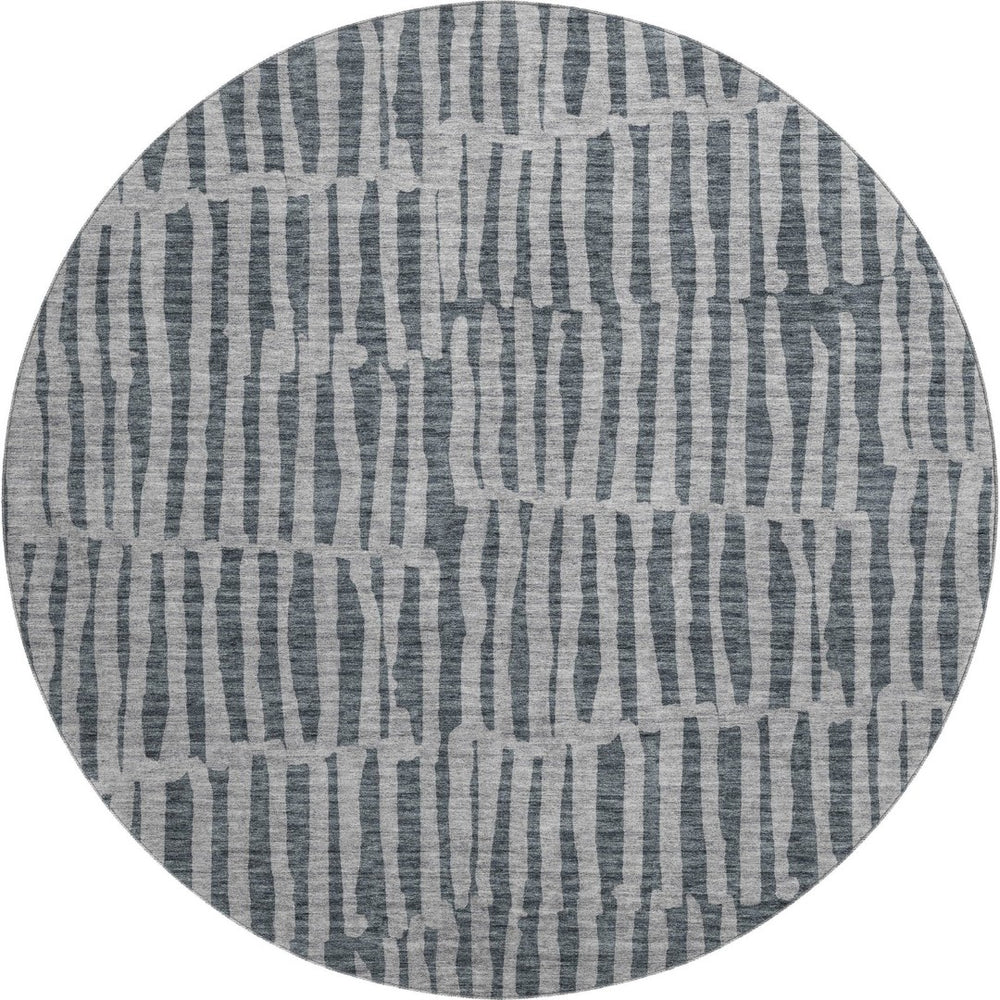 HomeRoots 8' Charcoal and Gray Striped Round Rug - Washable, UV-Protected, Durable for Family Spaces & Patios 655689