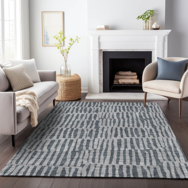 HomeRoots 9' X 12' Charcoal and Gray Striped Area Rug - Washable, UV Protected, Stain Resistant for Modern Homes 655691