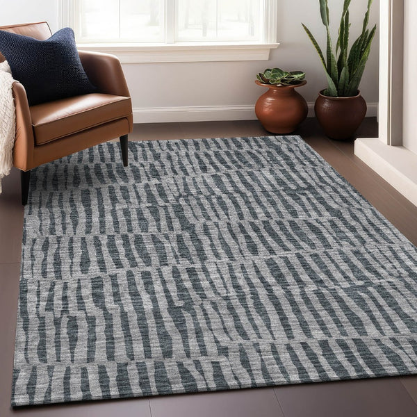 HomeRoots 9' X 12' Charcoal and Gray Striped Area Rug - Washable, UV Protected, Stain Resistant for Modern Homes 655691