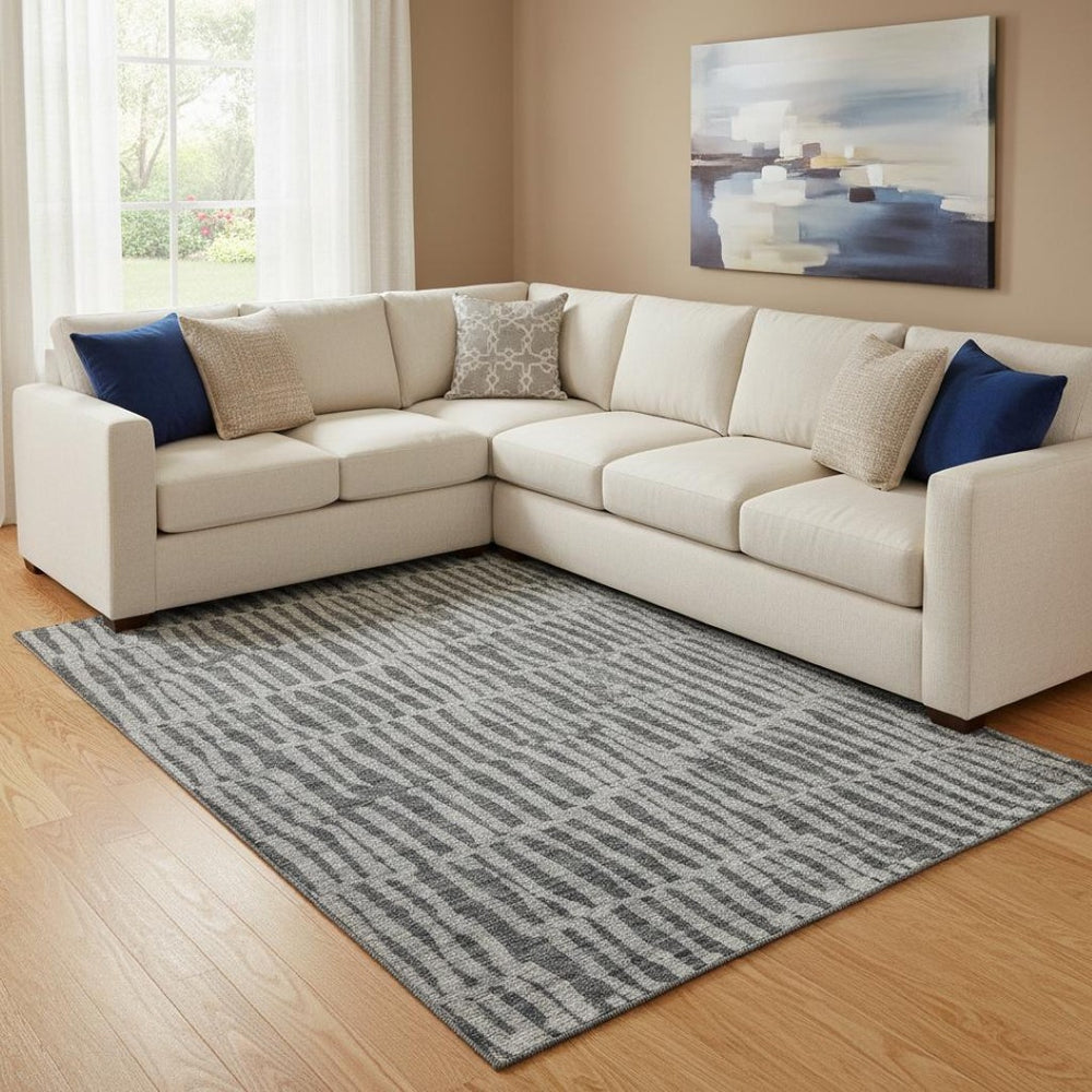 HomeRoots 9' X 12' Charcoal and Gray Striped Area Rug - Washable, UV Protected, Stain Resistant for Modern Homes 655691