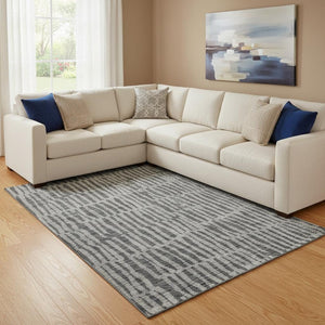 HomeRoots 9' X 12' Charcoal and Gray Striped Area Rug - Washable, UV Protected, Stain Resistant for Modern Homes 655691