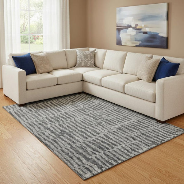 HomeRoots 9' X 12' Charcoal and Gray Striped Area Rug - Washable, UV Protected, Stain Resistant for Modern Homes 655691