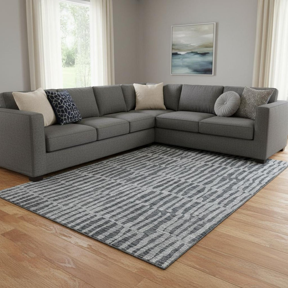 HomeRoots 10' X 14' Charcoal and Gray Striped Washable Area Rug - Stain Resistant, UV Protected & Stylish Decor 655692