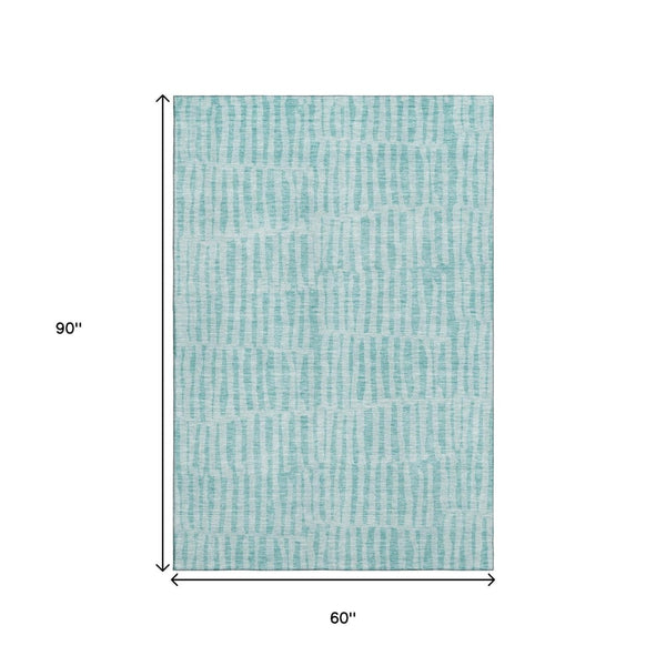HomeRoots 5' X 8' Coastal Teal & Ivory Striped Washable Area Rug - UV Protected, Stain Resistant & Durable! 655694
