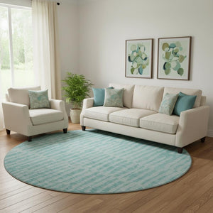 HomeRoots 8' Teal And Ivory Striped Round Rug - Washable, UV Protected, Stain Resistant, Perfect for Any Room! 655695