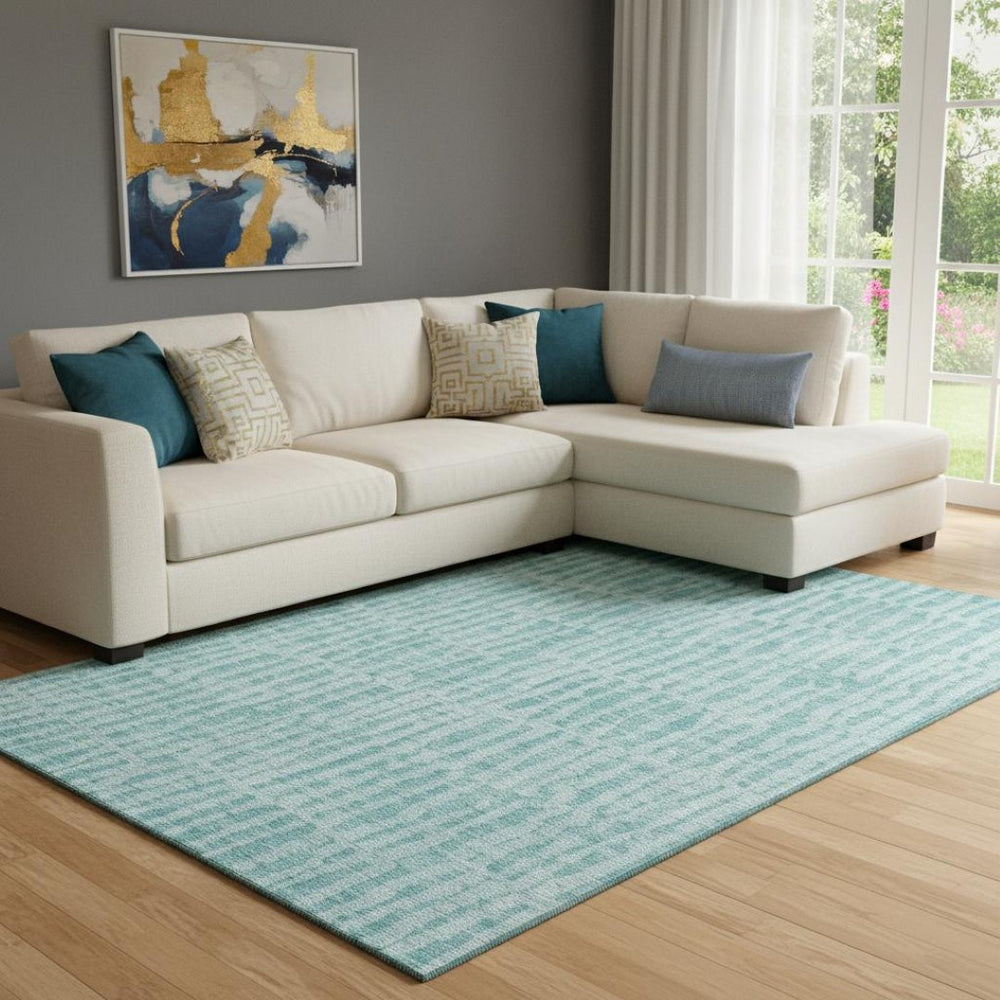 HomeRoots 8' X 10' Stylish Teal and Ivory Striped Washable Area Rug with UV Protection for Busy Homes 655696