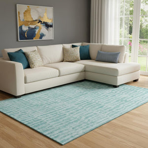 HomeRoots 8' X 10' Stylish Teal and Ivory Striped Washable Area Rug with UV Protection for Busy Homes 655696