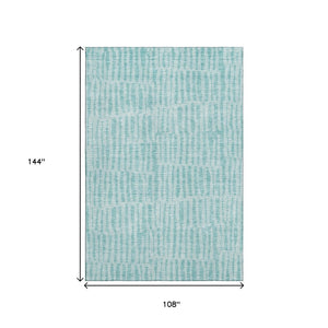 HomeRoots 9' X 12' Teal And Ivory Striped Rug - Washable, UV-Protected, Stylish & Stain Resistant for Any Space 655697