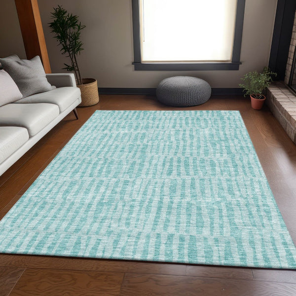 HomeRoots 9' X 12' Teal And Ivory Striped Rug - Washable, UV-Protected, Stylish & Stain Resistant for Any Space 655697
