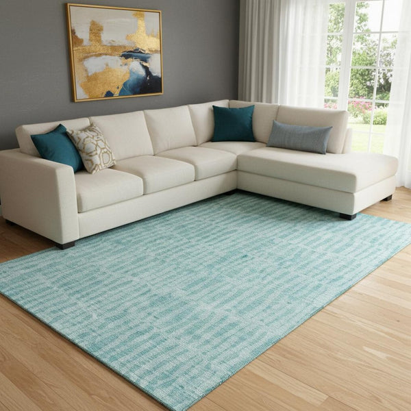 HomeRoots 9' X 12' Teal And Ivory Striped Rug - Washable, UV-Protected, Stylish & Stain Resistant for Any Space 655697