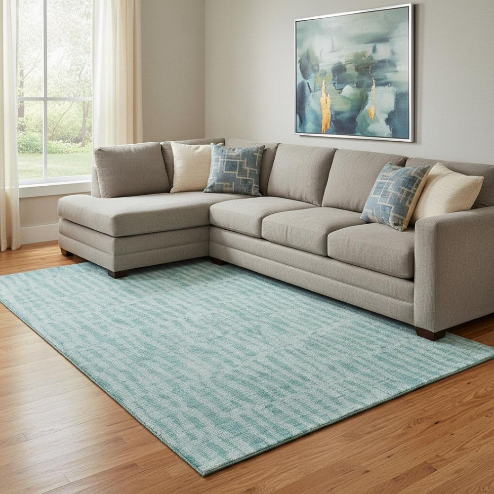 HomeRoots 10' X 14' Teal And Ivory Striped Area Rug - Washable, UV Protected, Durable & Stylish for Any Room 655698
