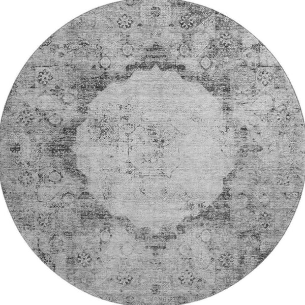 HomeRoots 8' Gray and Silver Oriental Round Rug – Washable, UV Protected, and Perfect for High-Traffic Areas 655701