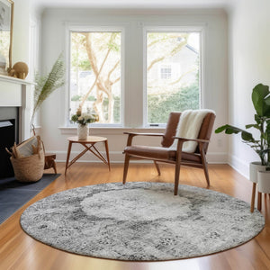 HomeRoots 8' Gray and Silver Oriental Round Rug – Washable, UV Protected, and Perfect for High-Traffic Areas 655701