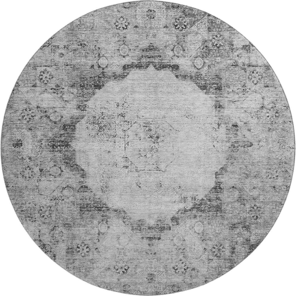 HomeRoots 8' Gray and Silver Oriental Round Rug – Washable, UV Protected, and Perfect for High-Traffic Areas 655701