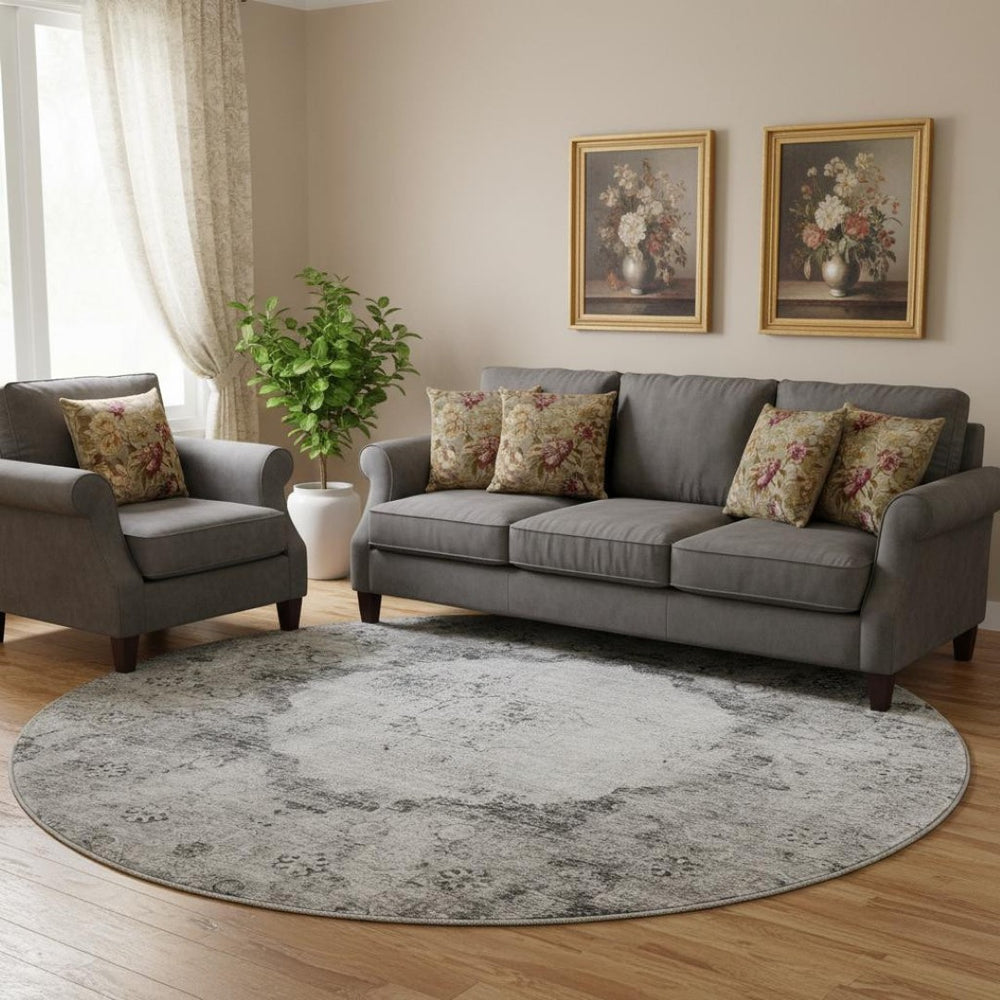 HomeRoots 8' Gray and Silver Oriental Round Rug – Washable, UV Protected, and Perfect for High-Traffic Areas 655701