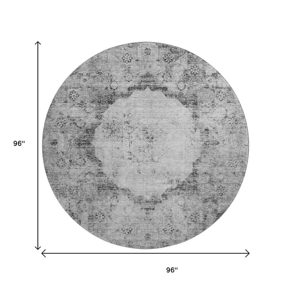 HomeRoots 8' Gray and Silver Oriental Round Rug – Washable, UV Protected, and Perfect for High-Traffic Areas 655701