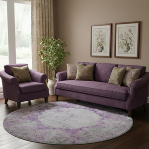 HomeRoots 8' Purple And Gray Oriental Round Rug – Washable, UV-Protected, and Perfect for Homes with Kids & Pets 655707