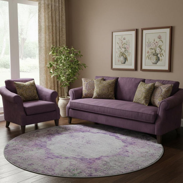 HomeRoots 8' Purple And Gray Oriental Round Rug – Washable, UV-Protected, and Perfect for Homes with Kids & Pets 655707