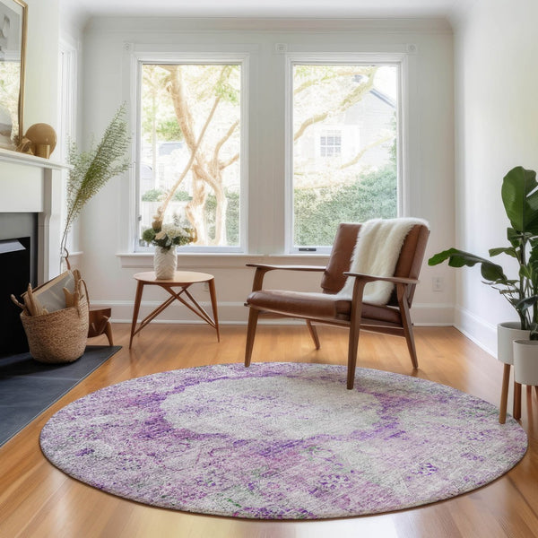 HomeRoots 8' Purple And Gray Oriental Round Rug – Washable, UV-Protected, and Perfect for Homes with Kids & Pets 655707