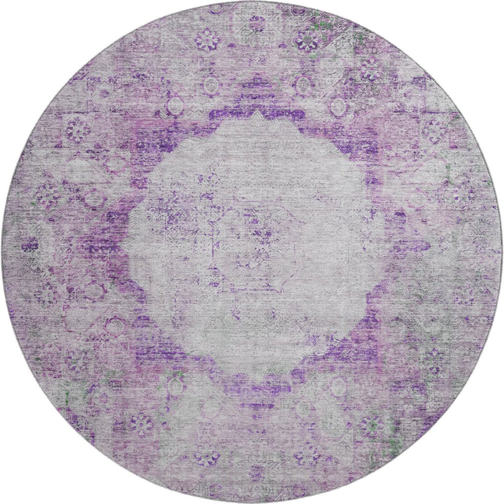 HomeRoots 8' Purple And Gray Oriental Round Rug – Washable, UV-Protected, and Perfect for Homes with Kids & Pets 655707