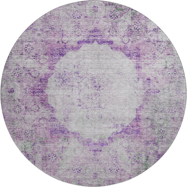 HomeRoots 8' Purple And Gray Oriental Round Rug – Washable, UV-Protected, and Perfect for Homes with Kids & Pets 655707