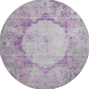 HomeRoots 8' Purple And Gray Oriental Round Rug – Washable, UV-Protected, and Perfect for Homes with Kids & Pets 655707