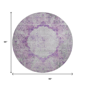 HomeRoots 8' Purple And Gray Oriental Round Rug – Washable, UV-Protected, and Perfect for Homes with Kids & Pets 655707