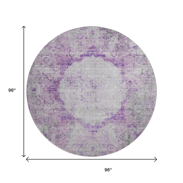 HomeRoots 8' Purple And Gray Oriental Round Rug – Washable, UV-Protected, and Perfect for Homes with Kids & Pets 655707
