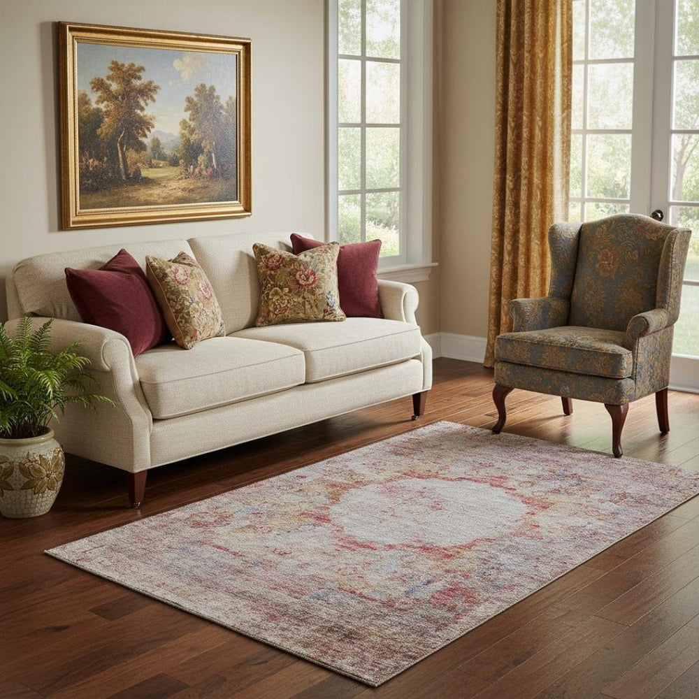 HomeRoots 5' X 8' Red Ivory Orange Oriental Area Rug - Washable, UV Protected, Stain Resistant for Family Homes 655712