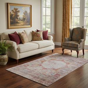 HomeRoots 5' X 8' Red Ivory Orange Oriental Area Rug - Washable, UV Protected, Stain Resistant for Family Homes 655712