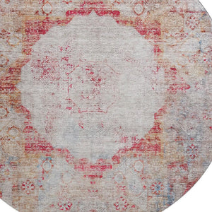 HomeRoots 8' Vibrant Red, Ivory & Orange Oriental Washable Round Rug with UV Protection for Busy Homes 655713