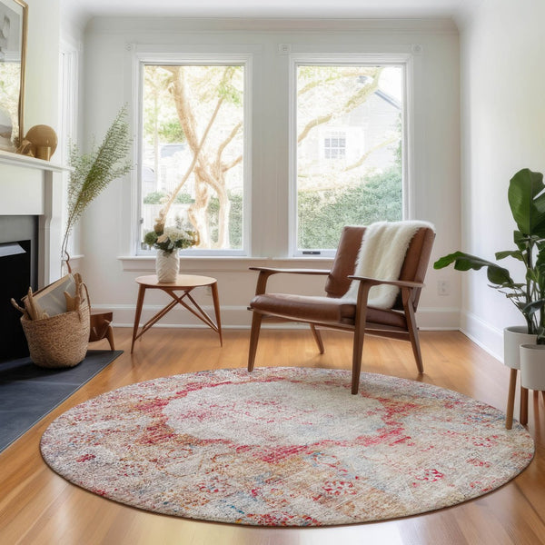 HomeRoots 8' Vibrant Red, Ivory & Orange Oriental Washable Round Rug with UV Protection for Busy Homes 655713