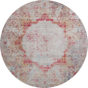 HomeRoots 8' Vibrant Red, Ivory & Orange Oriental Washable Round Rug with UV Protection for Busy Homes 655713