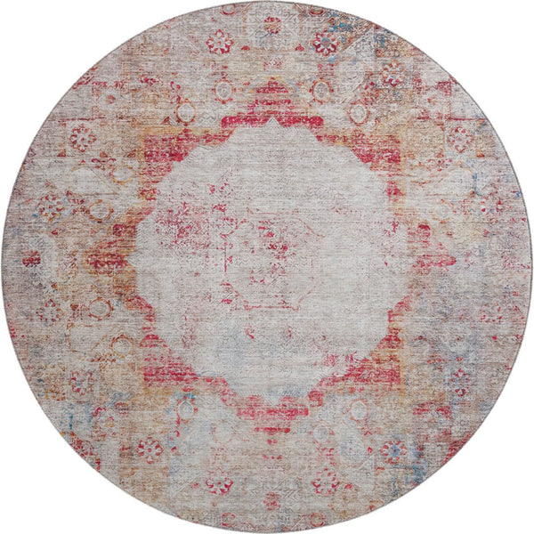 HomeRoots 8' Vibrant Red, Ivory & Orange Oriental Washable Round Rug with UV Protection for Busy Homes 655713