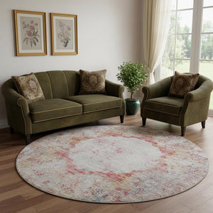 HomeRoots 8' Vibrant Red, Ivory & Orange Oriental Washable Round Rug with UV Protection for Busy Homes 655713