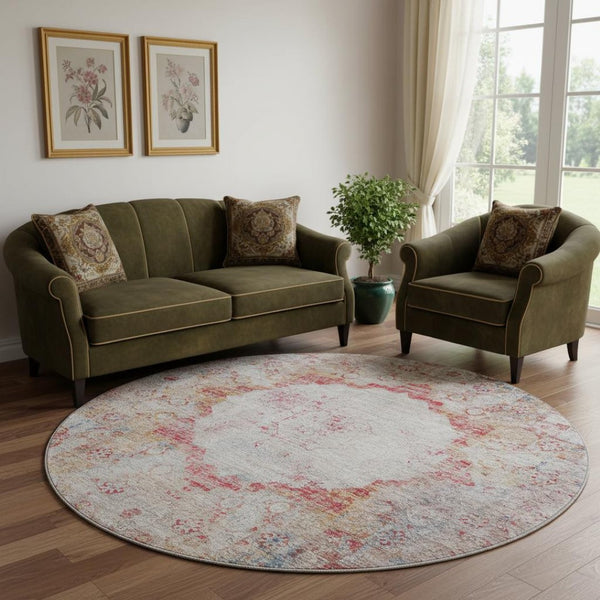 HomeRoots 8' Vibrant Red, Ivory & Orange Oriental Washable Round Rug with UV Protection for Busy Homes 655713