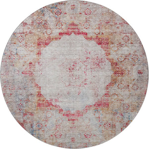 HomeRoots 8' Vibrant Red, Ivory & Orange Oriental Washable Round Rug with UV Protection for Busy Homes 655713