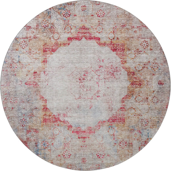 HomeRoots 8' Vibrant Red, Ivory & Orange Oriental Washable Round Rug with UV Protection for Busy Homes 655713