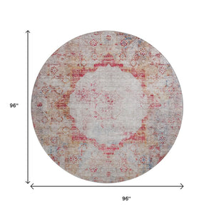 HomeRoots 8' Vibrant Red, Ivory & Orange Oriental Washable Round Rug with UV Protection for Busy Homes 655713