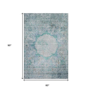 HomeRoots 5' X 8' Teal and Gray Oriental Area Rug – Washable, Stain-Resistant, UV Protected for Everyday Elegance 655718