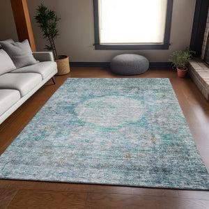 HomeRoots 5' X 8' Teal and Gray Oriental Area Rug – Washable, Stain-Resistant, UV Protected for Everyday Elegance 655718