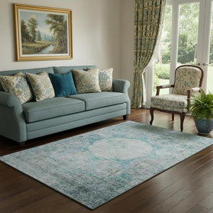 HomeRoots 5' X 8' Teal and Gray Oriental Area Rug – Washable, Stain-Resistant, UV Protected for Everyday Elegance 655718