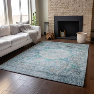 HomeRoots 5' X 8' Teal and Gray Oriental Area Rug – Washable, Stain-Resistant, UV Protected for Everyday Elegance 655718