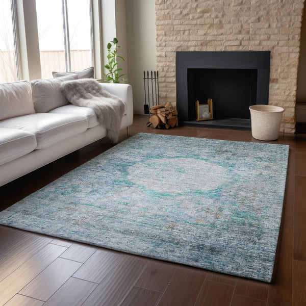HomeRoots 5' X 8' Teal and Gray Oriental Area Rug – Washable, Stain-Resistant, UV Protected for Everyday Elegance 655718