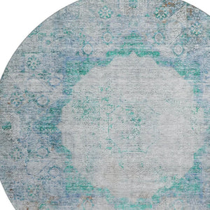 HomeRoots 8' Teal And Gray Oriental Round Rug – Washable, UV Protected, Stain Resistant for Everyday Elegance 655719