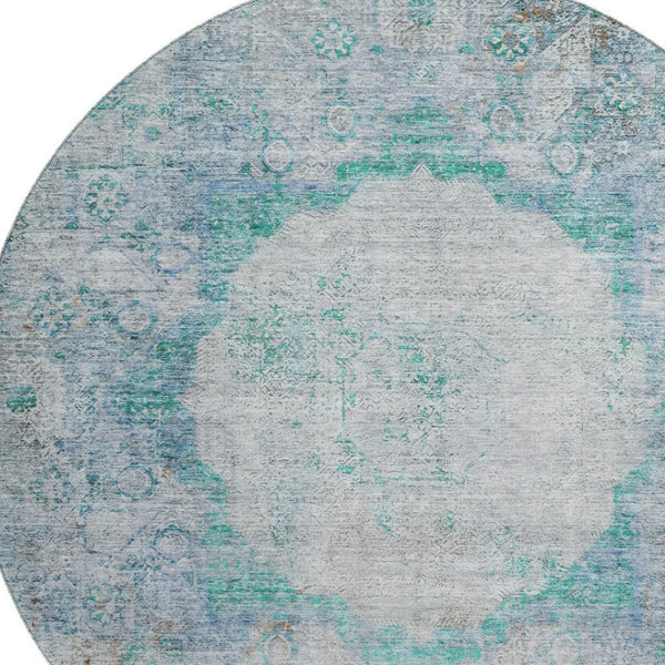 HomeRoots 8' Teal And Gray Oriental Round Rug – Washable, UV Protected, Stain Resistant for Everyday Elegance 655719