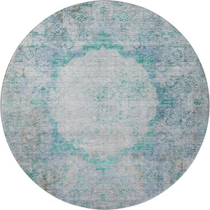 HomeRoots 8' Teal And Gray Oriental Round Rug – Washable, UV Protected, Stain Resistant for Everyday Elegance 655719